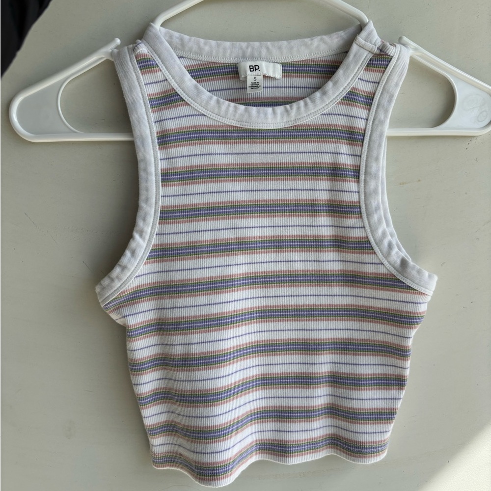 bp Cropped Ribbed Tank Top in White with Pastel Stripes